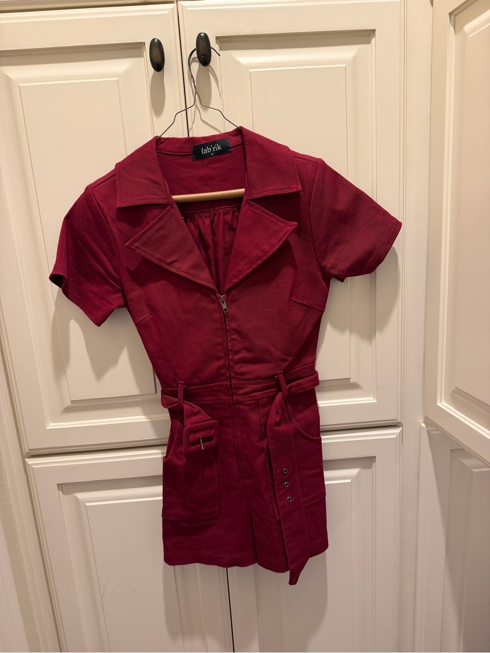 fab'rik Burgundy Zip-Front Short Sleeve Jumpsuit